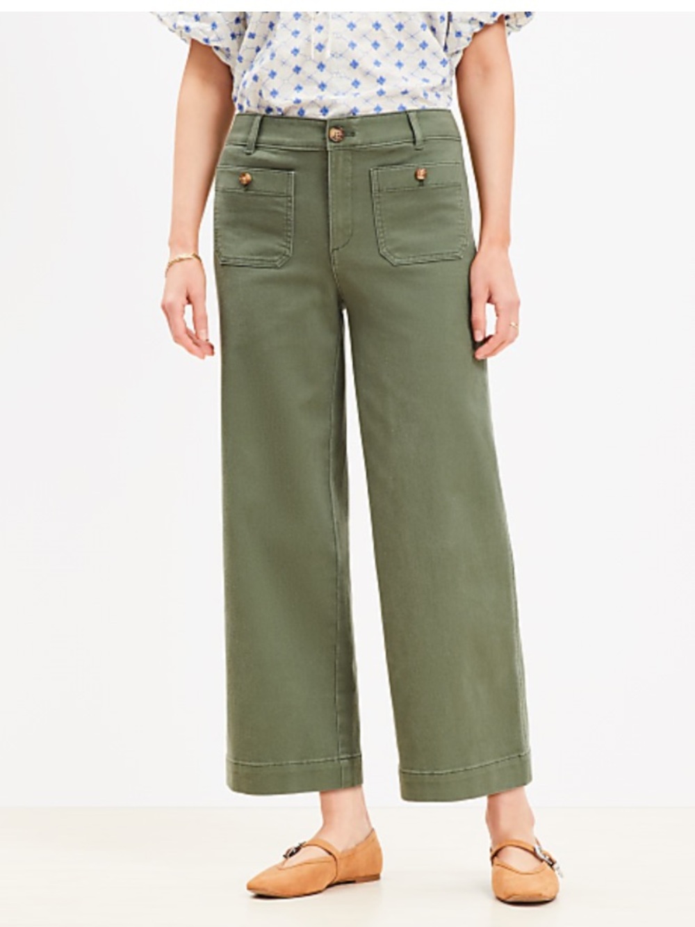 Ann Taylor LOFT The Palmer Wide Leg High Rise Twill Trouser Pant Green 14 - Picture 1 of 10